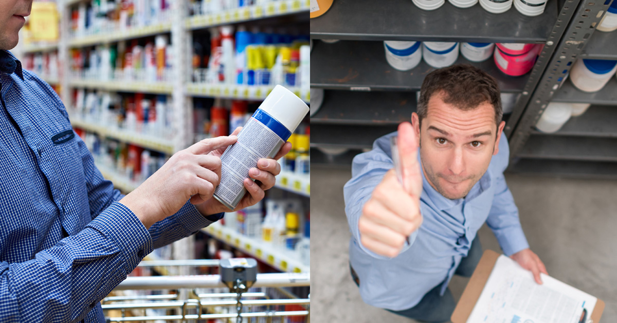 Person läser text på sprayburk som innehåller kemikalier och en man ger tummen upp (två bilder). 