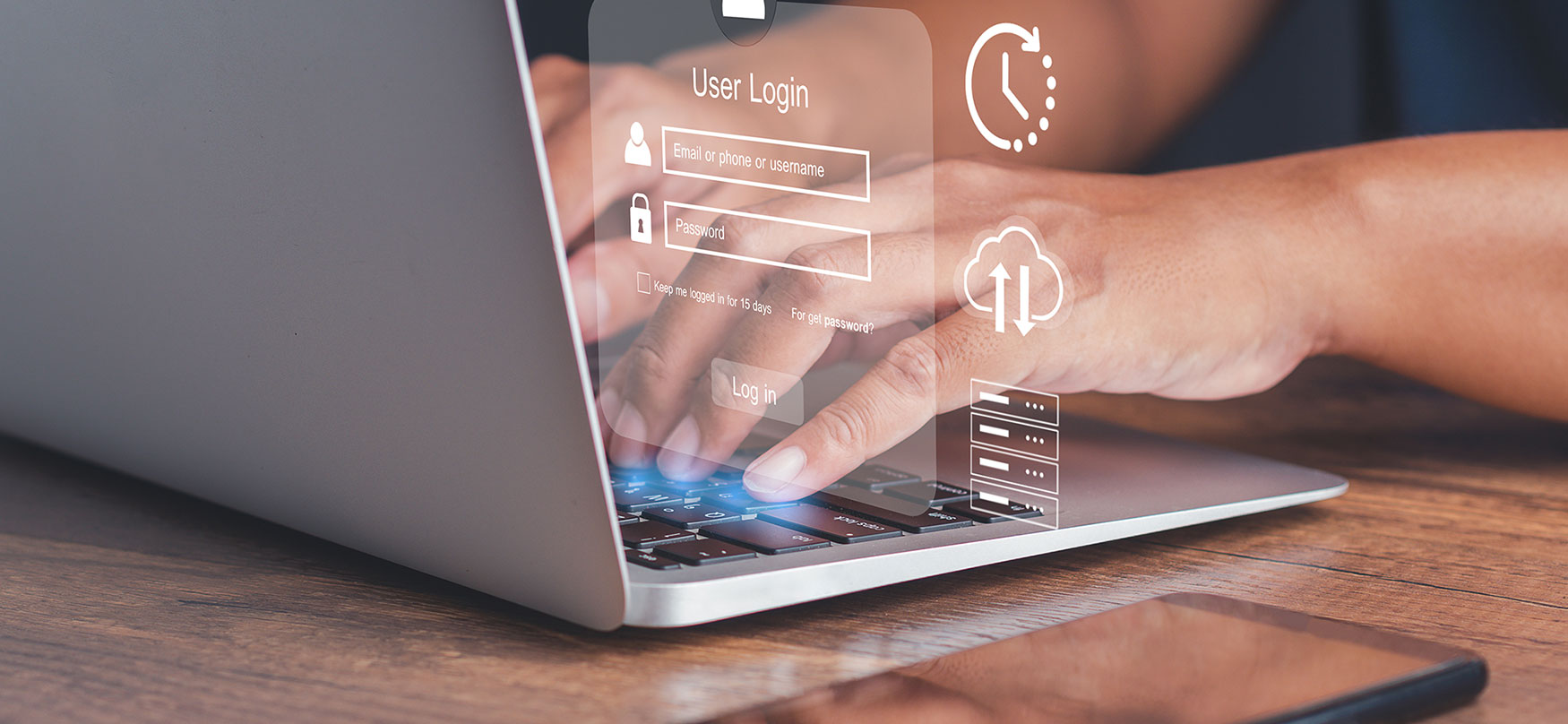 En bild visar två händer som skriver på en laptop kombinerat med en illustration som visar inloggningsfält för att logga in på portaler eller molntjänster. 